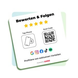 10x10 cm Bewertungsplatte mit QR-Code und NFC – Für einfache Kundenbewertungen und maximale Sichtbarkeit (weiss)